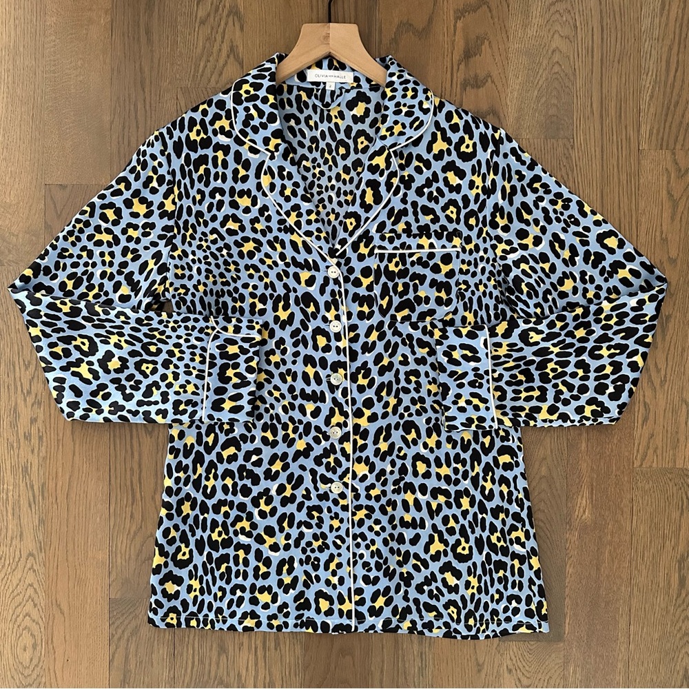 Olivia von Halle 100% Silk Leopard Print Pajama Shirt in Blue Multicolor 2 / S